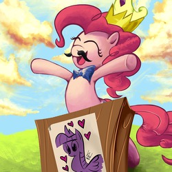 Size: 1000x1000 | Tagged: safe, artist:kheltari, pinkie pie, twilight sparkle, alicorn, pony, g4, trade ya!, bowtie, crown, cute, diapinkes, drawing, fake moustache, female, mare, podium, scene interpretation, solo, twilight sparkle (alicorn)