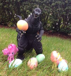 Size: 865x924 | Tagged: safe, artist:fallenangel5414, fluttershy, pinkie pie, kaiju, g4, bandai, bandai creations, crossover, easter, easter egg, godzilla, godzilla (series), irl, photo, toy