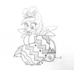 Size: 1016x960 | Tagged: safe, artist:dubstepbrony4life, derpy hooves, pegasus, pony, g4, bunny ears, easter, easter egg, egg, female, grayscale, mare, monochrome, solo