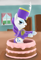 Size: 1053x1539 | Tagged: safe, artist:lemurkatta, rarity, pony, unicorn, g4, ancient wonderbolts uniform, cake, clothes, female, hat, hind legs, mare, popping out of a cake, sgt. rarity, shako, solo, uniform