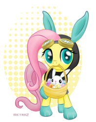 Size: 600x765 | Tagged: safe, artist:metax-z, angel bunny, fluttershy, pegasus, pony, g4, basket, bunny ears, clothes, cute, dangerous mission outfit, easter, easter basket, easter egg, egg, female, holiday, looking at you, mare, smiling