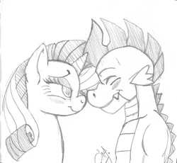 Size: 700x644 | Tagged: safe, artist:pia-sama, rarity, spike, pony, unicorn, g4, bedroom eyes, blushing, boop, eyes closed, fangs, female, male, mare, monochrome, noseboop, older, ship:sparity, shipping, smiling, straight