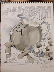 Size: 768x1024 | Tagged: safe, artist:andypriceart, pinkie pie, g4, andy you magnificent bastard, crossover, irl, kool-aid, kool-aid man, observer, photo, ponified, thought bubble, traditional art, wall breaking, wat