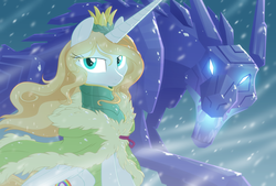 Size: 3700x2500 | Tagged: safe, artist:equestria-prevails, oc, oc only, oc:bonniecorn, alicorn, pony, wolf, cloak, clothes, crown, crystal wolf, high res, regalia, snow, snowfall