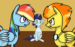 Size: 1024x651 | Tagged: safe, artist:lrusu, rainbow dash, soarin', spitfire, g4, female, male, ship:soarindash, shipping, straight