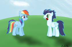 Size: 1024x681 | Tagged: safe, artist:rulette, rainbow dash, soarin', g4, blushing, female, male, romantic, rose, ship:soarindash, shipping, smiling, straight