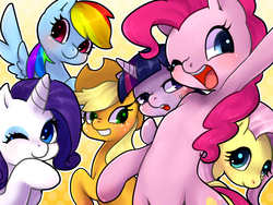 Size: 1600x1200 | Tagged: safe, artist:ayahana, applejack, fluttershy, pinkie pie, rainbow dash, rarity, twilight sparkle, g4, bipedal, blushing, cute, mane six, one eye closed, open mouth, pixiv, smiling, sweat, sweatdrop, wink