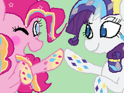 Size: 762x572 | Tagged: safe, artist:raritytalks, pinkie pie, rarity, g4, hoofbump, pixel art, rainbow power