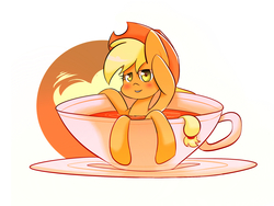 Size: 2000x1500 | Tagged: safe, artist:joycall6, applejack, earth pony, pony, g4, blushing, coffee, cup of pony, female, micro, smiling, solo