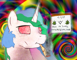 Size: 2450x1894 | Tagged: safe, artist:xulious, princess celestia, g4, 420, :t, bloodshot eyes, calendar, drugs, easter, female, high, marijuana, pot, praise the sun, psychedelic, smoke, smoke weed everyday, smoking, solo, stick figure, trippy, wide eyes