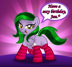 Size: 1024x950 | Tagged: safe, artist:aleximusprime, oc, oc only, oc:emerald may, pegasus, pony, butt, clothes, female, jananimations, pegasus oc, plot, sexy, socks, solo, striped socks