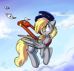 Size: 2094x1991 | Tagged: safe, artist:suplolnope, derpy hooves, pegasus, pony, g4, female, flying, hat, mailbag, mare, solo