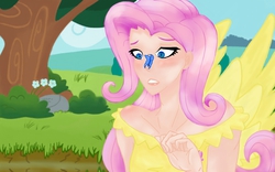 Size: 1280x800 | Tagged: safe, artist:00blue-berry, fluttershy, butterfly, human, g4, butterfly on nose, female, humanized, insect on nose, solo, winged humanization