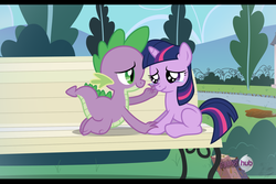 Size: 1800x1200 | Tagged: safe, artist:facelessjr, spike, twilight sparkle, dragon, pony, unicorn, g4, bench, book, comforting, comforting twilight, crying, fake screencap, feels, female, filly, filly twilight sparkle, hub logo, i can't believe it's not hasbro studios, letterboxing, male, show accurate, story included, time paradox, unicorn twilight, younger