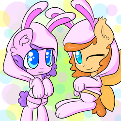 Size: 3600x3600 | Tagged: safe, artist:flowertartanon, oc, oc only, oc:flowertart, oc:orange pop, mothpony, bunny costume, bunny hood, clothes, high res, looking at you, one eye closed, wink, winking at you