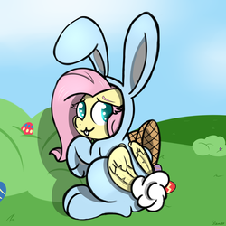 Size: 3000x3000 | Tagged: safe, artist:ramott, fluttershy, pony, g4, bunny costume, bunnyshy, clothes, easter, easter egg, egg, female, high res, solo