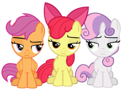 Size: 4760x3536 | Tagged: safe, artist:mrbrandonmac, apple bloom, scootaloo, sweetie belle, earth pony, pegasus, pony, unicorn, g4, aside glance, cutie mark crusaders, female, filly, foal, simple background, transparent background, trio, unamused, unimpressed, vector