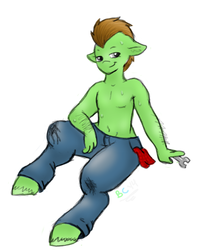 Size: 451x547 | Tagged: safe, artist:bunnycat, oc, oc only, oc:art, anthro, anthro oc, belly button, clothes, commission, looking at you, male, smiling, solo, stallion, sweat, topless