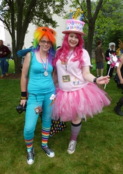 Size: 3268x4608 | Tagged: safe, pinkie pie, rainbow dash, human, g4, cosplay, irl, irl human, photo