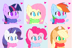 Size: 768x512 | Tagged: safe, artist:sohmasatori, part of a set, applejack, fluttershy, pinkie pie, rainbow dash, rarity, twilight sparkle, alicorn, pony, g4, animated, bouncing, clothes, cute, dashabetes, diapinkes, female, flapping, floating wings, heart, hnnng, jackabetes, magic, mane six, mare, raribetes, scarf, shyabetes, smiling, twiabetes, twilight sparkle (alicorn)