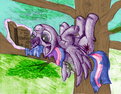 Size: 2824x2208 | Tagged: safe, artist:arcum42, artist:niegelvonwolf, twilight sparkle, alicorn, pony, g4, book, colored, female, high res, magic, mare, reading, solo, traditional art, tree, twilight sparkle (alicorn)