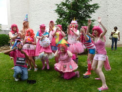 Size: 4608x3456 | Tagged: safe, artist:eframtrabbit, pinkie pie, human, g4, 2012, animenext, cosplay, groucho mask, group photo, hat, haters gonna hate, irl, irl human, party hat, photo, umbrella hat