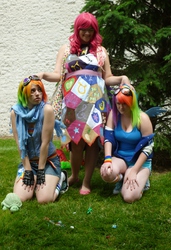 Size: 3150x4608 | Tagged: safe, artist:avalon-cosplay, artist:eframtrabbit, pinkie pie, rainbow dash, human, fanfic:cupcakes, g4, 2012, animenext, clothes, convention, cosplay, cutie mark dress, dress, goggles, irl, irl human, photo, pinkamena diane pie