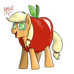 Size: 600x600 | Tagged: safe, artist:timsplosion, applejack, earth pony, pony, g4, apple, apple costume, catchlights, clothes, costume, cute, female, food, food costume, jackabetes, no pupils, simple background, solo, that pony sure does love apples, transparent background