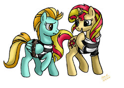 Size: 1024x723 | Tagged: safe, artist:lavenderrain24, lightning dust, sunset shimmer, pegasus, pony, unicorn, g4, belt, bound wings, clothes, female, frown, giggling, grin, horn, horn ring, lesbian, lightningshimmer, magic suppression, prison outfit, prison stripes, prisoner, raised hoof, shipping, shipping fuel, smiling, straps