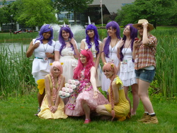 Size: 4608x3456 | Tagged: safe, artist:eframtrabbit, fluttershy, pinkie pie, rarity, human, g4, 2013, animenext, apron, clothes, convention, cosplay, cupcake, dress, food, grass, group photo, irl, irl human, photo