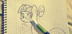 Size: 672x325 | Tagged: safe, artist:kakyou-dreams, twilight sparkle, g4, clothes, female, glasses, pencil, pencil drawing, photo, schoolgirl, sketch, solo, traditional art