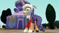 Size: 1191x670 | Tagged: safe, artist:andrewnuva199, rarity, pony, unicorn, g4, carousel boutique, doctor who, fashion disaster, female, horrified, irony, rarity is not amused, sad, sixth doctor, solo, that pony sure does love fashion, the explosion in a rainbow factory, unamused