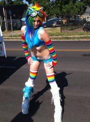Size: 537x720 | Tagged: safe, artist:electrokittenz, rainbow dash, human, belly button, cosplay, goggles, indy pride festival, irl, irl human, midriff, photo, solo