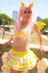 Size: 640x960 | Tagged: safe, artist:electrokittenz, fluttershy, human, g4, beach, belly button, belly piercing, bellyring, clothes, cosplay, irl, irl human, midriff, photo, piercing, skirt, solo