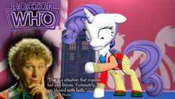 Size: 1191x670 | Tagged: safe, artist:andrewnuva199, rarity, g4, blatant lies, boots, clothes, colin baker, cravat, doctor who, fashion disaster, floppy ears, frock coat, irony, karma, pants, sad, shirt, shoes, sixth doctor, spats, tardis, that pony sure does love fashion, the explosion in a rainbow factory, waistcoat