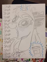 Size: 852x1136 | Tagged: safe, artist:andypriceart, princess luna, caffeine, coffee, dilated pupils, espresso, female, george of the jungle, hyperactive, java, java java java java, little tongue, luna found the coffee, luna loves coffee, magic, open mouth, smiling, solo, telekinesis, tongue out, traditional art, wide eyes, xk-class end-of-the-world scenario