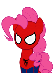 Size: 1314x1707 | Tagged: safe, artist:flare-chaser, pinkie pie, spider, g4, clothes, female, male, peter parker, solo, spider-man, spider-mare, spiderman thread, suit, the amazing spider-man
