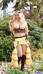 Size: 1199x2048 | Tagged: safe, artist:ani-mia, fluttershy, human, g4, 2014, belly button, belly piercing, bellyring, bra, cleavage, clothes, cosplay, emerald city comicon, female, goggles, irl, irl human, midriff, photo, piercing, skirt, solo, steampunk, underwear