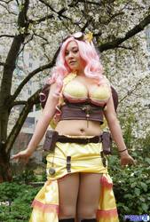 Size: 1381x2048 | Tagged: safe, artist:ani-mia, fluttershy, human, g4, 2014, belly button, belly piercing, bellyring, bra, cleavage, clothes, cosplay, emerald city comicon, female, irl, irl human, midriff, photo, piercing, skirt, solo, steampunk, underwear