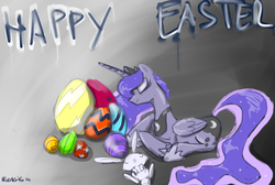 Size: 2905x1954 | Tagged: safe, artist:nadvgia, angel bunny, princess luna, g4, easter, easter egg