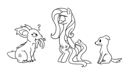 Size: 1028x570 | Tagged: safe, artist:maybelle, fluttershy, cat, dog, nidorina, pegasus, pony, snake, g4, bipedal, eaten alive, female, mare, monochrome, pokémon, predation, shocked, vore, wide eyes