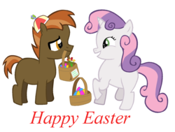 Size: 1024x773 | Tagged: safe, artist:t-shadow-dragon, button mash, sweetie belle, g4, easter, easter basket, easter egg, female, flower, male, note, ship:sweetiemash, shipping, straight