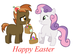 Size: 1024x773 | Tagged: safe, artist:t-shadow-dragon, button mash, sweetie belle, g4, colt, easter, easter basket, easter egg, female, filly, flower, foal, male, mouth hold, note, ship:sweetiemash, shipping, straight