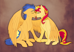 Size: 1286x902 | Tagged: safe, artist:llacky, flash sentry, sunset shimmer, pegasus, pony, unicorn, g4, backwards cutie mark, eyes closed, kissing, ship:flashimmer, shipping, winghug