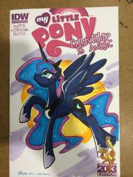 Size: 768x1024 | Tagged: safe, artist:thom zahler, idw, official comic, applejack, princess luna, alicorn, earth pony, pony, friendship is magic #6, g4, 2014, female, mare, my little pony logo, solo, traditional art