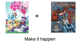 Size: 1106x631 | Tagged: safe, idw, applejack, fluttershy, pinkie pie, rainbow dash, rarity, twilight sparkle, g4, bumblebee (transformers), crossover, exploitable meme, hilarious in hindsight, make it happen, mane six, meme, optimus prime, transformers