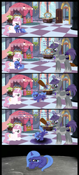 Size: 2300x5100 | Tagged: safe, artist:autumn-dreamscape, princess celestia, princess luna, oc, alicorn, pony, g4, abuse, alicorn oc, armor, cewestia, child abuse, comic, crying, dialogue, disowned, father, filly, floppy ears, frown, glare, glowing, glowing horn, happy, horn, levitation, lidded eyes, lunabuse, magic, magic aura, male, missing accessory, moon, on the moon, open mouth, paddle, portal, prone, reaching, sad, scared, shivering, smiling, space, spanking, stallion, telekinesis, to the moon, wings, woona, woonabuse, wtf