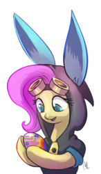 Size: 980x1681 | Tagged: safe, artist:grissaecrim, fluttershy, pegasus, pony, g4, bunny ears, clothes, dangerous mission outfit, easter, egg, female, goggles, heart eyes, hoodie, mare, simple background, smiling, solo, transparent background
