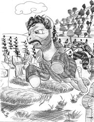 Size: 900x1163 | Tagged: safe, artist:appleman86, pony, graveyard, gun, monochrome, ponified, revolver, solo, the good the bad and the ugly, traditional art, tuco