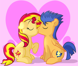 Size: 2629x2222 | Tagged: safe, artist:furrgroup, flash sentry, sunset shimmer, pegasus, pony, unicorn, g4, cute, duo, eyes closed, female, floppy ears, heart, high res, kiss on the lips, kissing, male, ship:flashimmer, shipping, straight